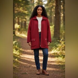 90’s Vintage Crimson Red Boiled Wool Lightweight Knit Zip Up Chic Long Coat